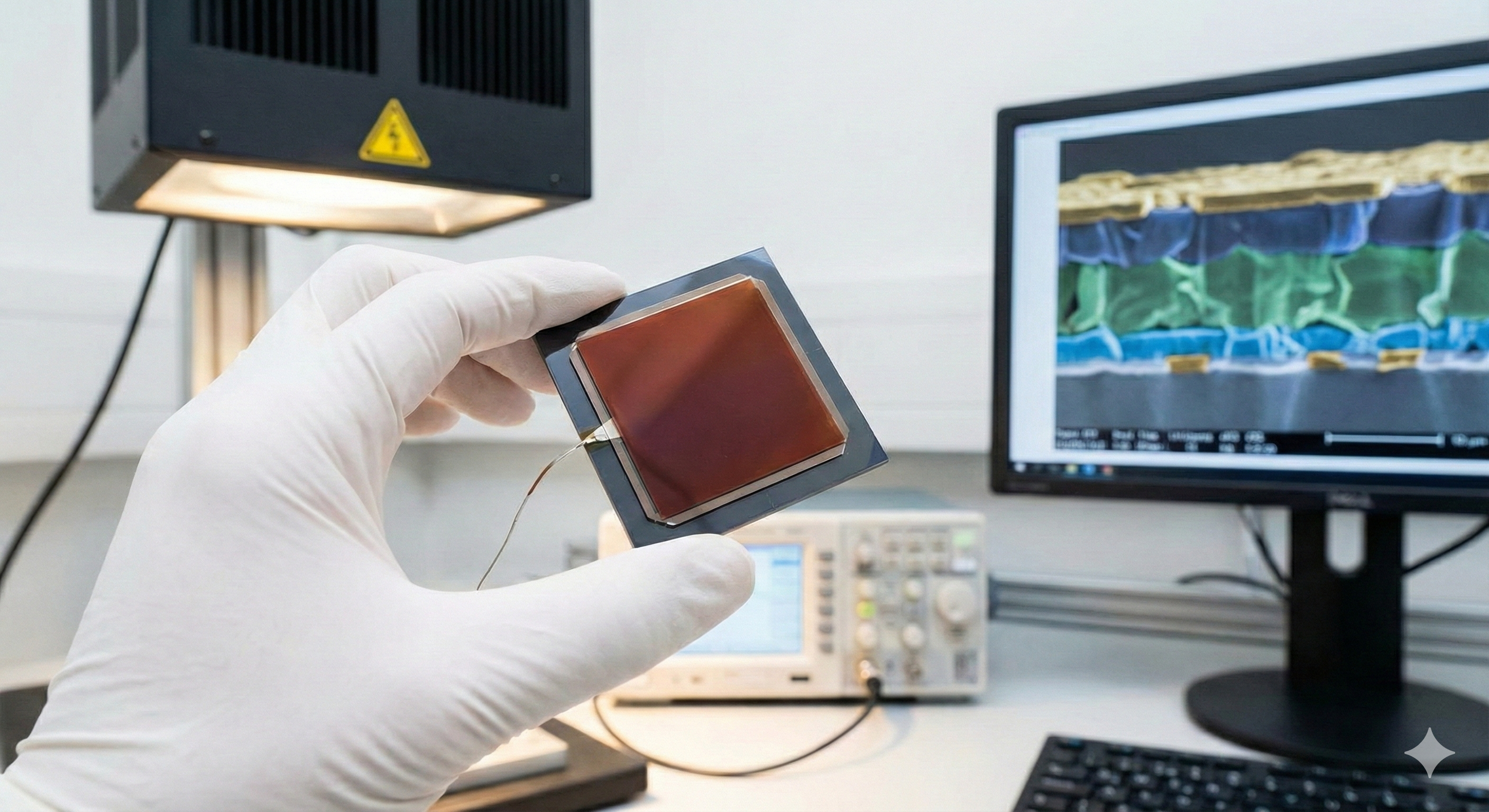 Perovskite solar cell held in hand in laboratory